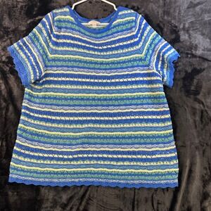 Belle Boho Striped Crochet Knit Top XL Blue Green Yellow Short Sleeve